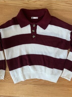 SO Striped Polo Collar Henley Sweater Burgundy Maroon White Preppy Knit XL